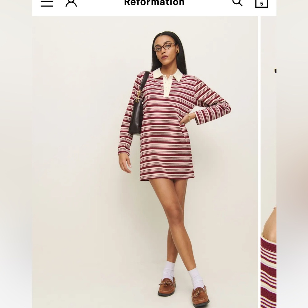 Reformation Striped Polo Mini Dress in Burgundy and Cream